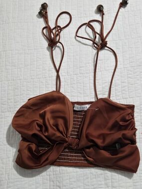 Women's Rust Brown Satin Tie-Strap Crop Top